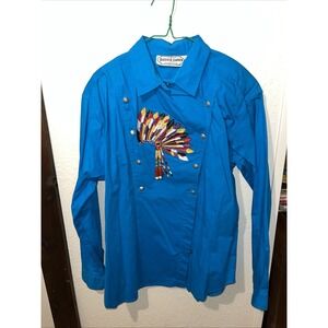 Dakota Rodeo Blue Shirt Women Medium Metal Button Multicolor Tribal Embroidery